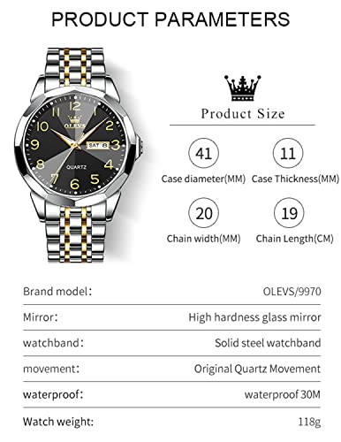 Image of OLEVS Watch for Men Luxury Dress Analog Quartz Stainless Steel Waterproof Luminous Date Diamond Business Two Tone Casual Wrist Watch