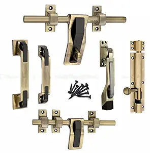 GSB INDIA Zinc Alloy Heavy Single Door Fitting Accessories Full Set/Kit [1 Aldrop, 1 Latch, 2 Handles, 1 Tower Bolt and 1 Door Stopper,10 Inch,Antique Black Glossy [117] ]