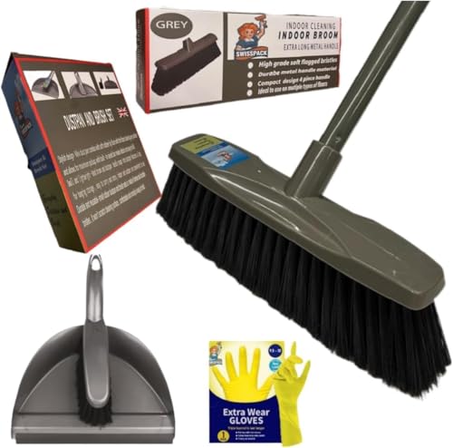 SWISSPACK Broom Indoor Sweeping Broom Brush with Long Handle Kitchen Broom Indoor Floor Brush with Dense Soft Bristles Brooms Perfect for Sweeping Room Office Kitchen (indoor 2) (Black/Grey)