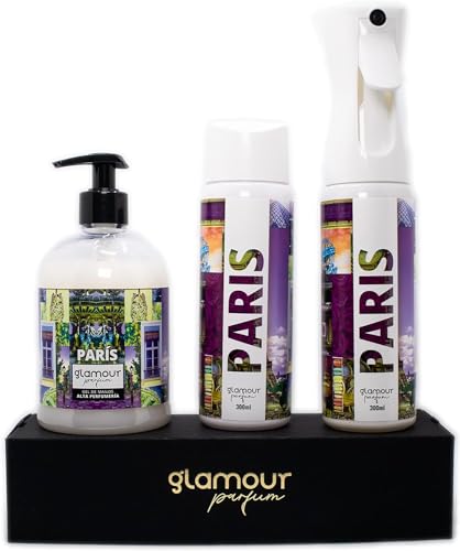 GLAMOUR PARFUM - Pack Ambientador Textil + Recambio 300 ml + Jabón de Manos 500 ml - Ambientador Hogar París - Aroma Floral y Afrutado - para Pulverizar en la Cama o en Cortinas
