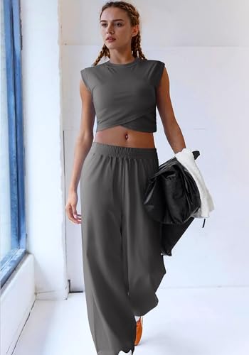 SUUKSESS Women 2 Piece Matching Lounge Workout Sets Outfits Sleeveless Cropped Tops Summer High Waisted Wide Leg Pants4