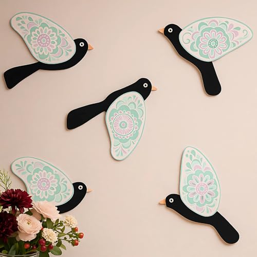 Image of GiftOday Wooden 3D 5 Pieces Birds for Wall Art Panel | Wood Bird Folk Art Wall Hanging Art Decoration Item for Living Room, Bedroom, Drawing Room, Dining Room & Office (Black & White) Pack of 1