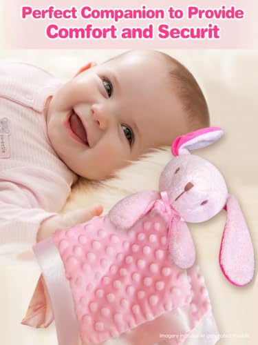 Image of Baby Security Blanket, Soft Baby Lovey Toy Blanket for Girls, Snuggle Toy Lovie Newborn Gift, Stuffed Animals Pink Bunny 16 Inch