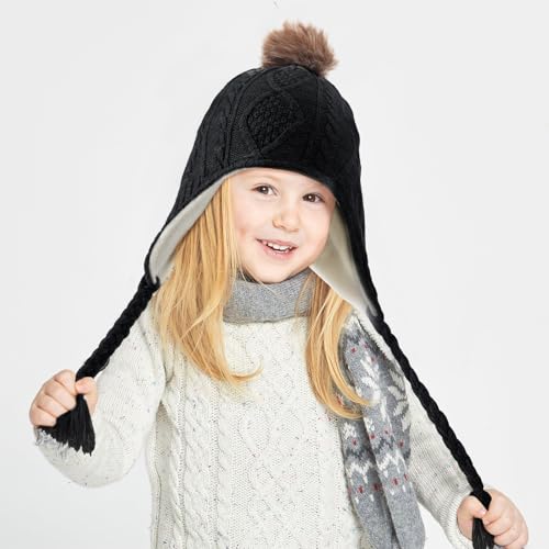 Mepase 2 Pcs Girls Knit Hats Kids Winter Hats for Girls with Ear Flaps Fleece Lining Toddler Warm Baby Caps for 2-3t, 4-5t4