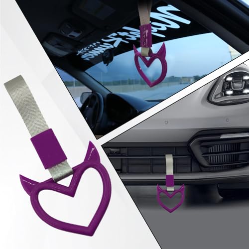Image of 2PCS Heart shaped Car Handle Straps, Heart Car Accessories, Ring Hearts Shaped Cars Hand Strap Drift Charm, Universal Handle Keychains Accessory Suitable for Cars Bus (Purple+silver)