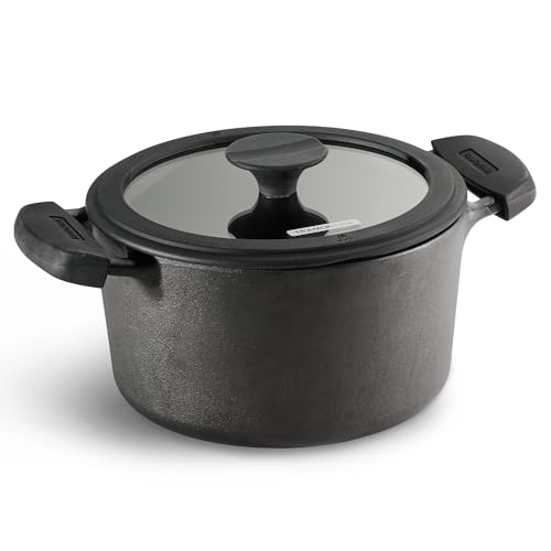 Image of Tramontina TITANEX 20cm / 3.1L Pre-Seasoned Heritage Cast Iron Casserole with Toughened Glass Lid | Gas /Induction Compatible Biryani Pot | Stock Pot with Snap-On Silicone Grips | Life-Time Warranty