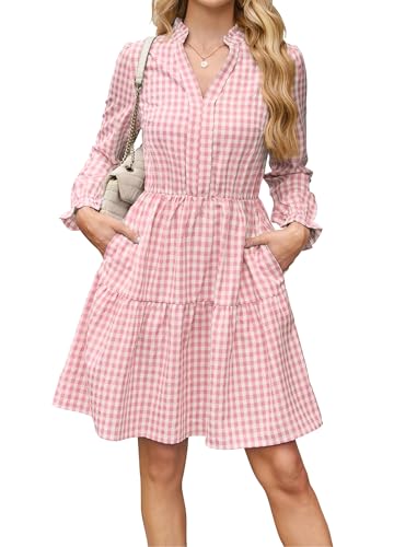 Image of Theenkoln Womens Casual Midi Dress: Short Sleeve V-Neck Empire Waist Gingham Spring Fashion Long Trendy Tiered Formal Dresses