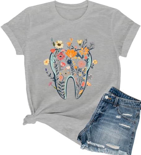 Floral Tooth Shirt Dental Assistant T-Shirt for Women Grey