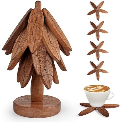 Wooden Trivets for Hot Dishes, KissDate Wooden Tree Trivet Set with 4PCS Wooden Trivets and 1PC Stand, Wooden Trivet Tree Coasters Christmas Tree Trivets for Hot Dishes、Hot Pots、Pans、Bowl、Teapot Cover