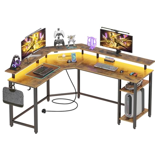 Rolanstar L-Shaped Gaming Desk with LED Lights Power Outlets Corner Computer Desk with Storage Shelves - PC Writing Table for Home Office Rustic Brown (135x118x87cm)