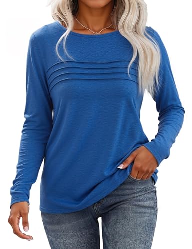 Gyabnw Camiseta Manga Larga Mujer con Cuello Redondo Basicas T-Shirt Plisada Tops Mujer Elegantes Casual Ropa Blusas Color Sólido