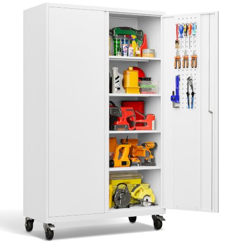 Image of SISESOL White Wide & Deep Metal Storage Cabinet with Wheels,Tall Rolling Garage Storage Cabinet with Lock,Black Metal Cabinets with Shelves and Pegboards,Tool Locker for Garage,Home,Office