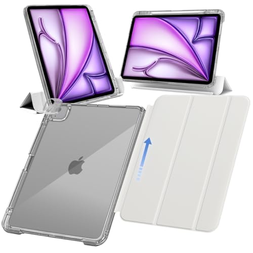 MS factory iPad Air 13インチ ケース M3 M2 用 Pro 12.9 第6/5世代 対応 ペン収納 取り外し可能 軽量 耐衝撃 カバー 縦置き/横置きスタンド アイパッドエアー13インチ 2025 2024 Pro 12.9インチ 第6世代 第5世代 ソフトフレーム 背面透明 ホワイトグレー IPDA13m2-SLDPEN-WGY