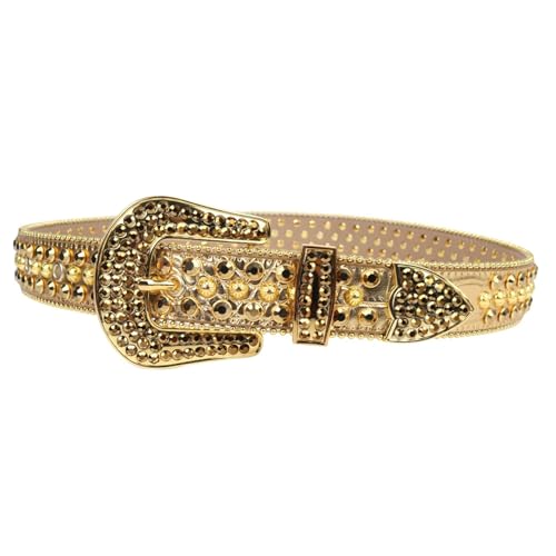 Mnjyihy Men's Women's Golden Western Rhinestone Belt Diamond Studded Decorative Jeans Leather Belt 6