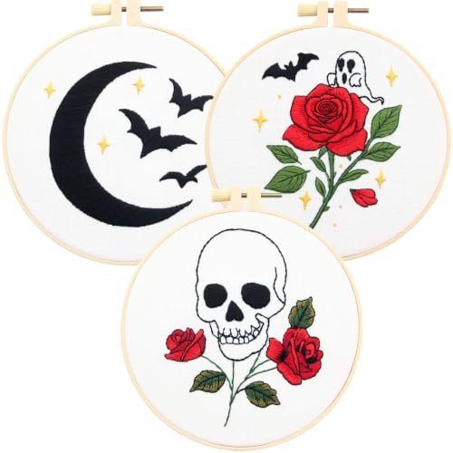 Image of Skull Rose Embroidery Kits for Beginners Adults, Halloween Goth Embroidery Sets Needlepoint Kits, Halloween Stamped Cross Stitch Kits for Beginners Adults, 3 Embroidery Hoops (Attached Video Tutorial)