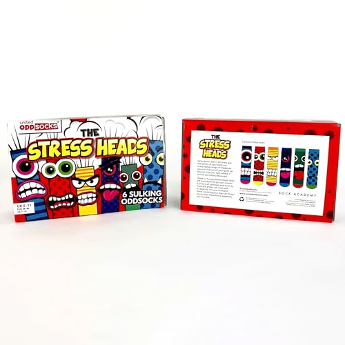 United Oddsocks The Stress Heads Gift Box – 6 Sulking Odd Socks for Men – UK 6–11, EUR 39–46, US 7–12 – Funny Monster-Themed Mix & Match Socks – Colourful Gift for Birthdays, Father’s Day & Christmas