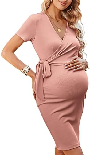 LAISHEN Women's Maternity Dresses Short Sleeve Wrap Bodycon Dress Summer Pregnancy Clothes for Baby Shower Wedding Photoshoot(Pink,L)