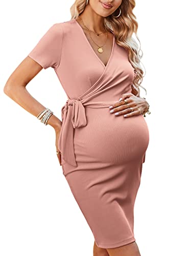 Laishen Women's Maternity Dresses Short Sleeve Wrap Bodycon Dress Summer Pregnancy Clothes For Baby Shower Wedding Photoshoot(Pink,L) #TOP21