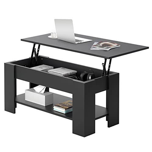 Aoou Lift Top Coffee Table With Hidden Storage Compartment, Retro Rising Desktop Central Table With Lower Shelf, For Living Room, Reception Room, Office, Home Furniture (Black) #TOP5
