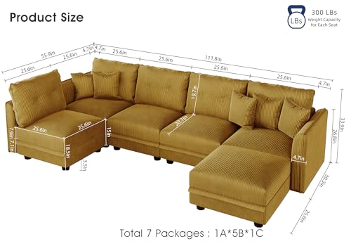 Image of LLappuil Modular Sectional Sleeper Sofa with Storage, U Shaped 6-Seat Corduroy Couch with 5 Throw Pillows, Convertible Sofa Set for Living Room & Small Space, Skin-Friendly & Soft, Yellow