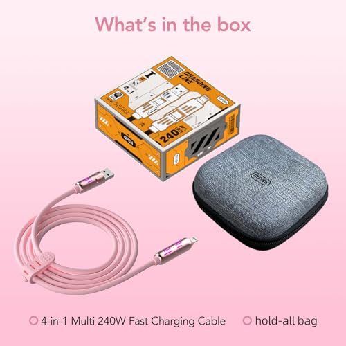 Image of MFish 240W 4-in-1 Fast Charging Cable, Pink, 10FT