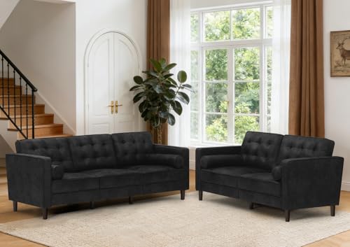 Image of Suede Leather Upholstered Sofa Set with Tufted Backrests, Black | 3 Seaters Couch and Loveseat Sofa with Bolster Pillows, 2 Pieces Living Room Set for Living Room, House