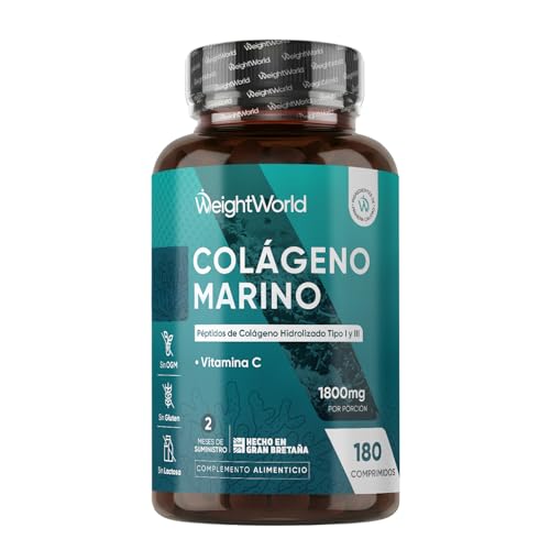 Colágeno Marino Hidrolizado con Vitamina C 1800mg - 180 Comprimidos de Péptidos de Colágeno Marino Tipo 1 y 3 con Ácido Ascórbico para 2 Meses de Suministro