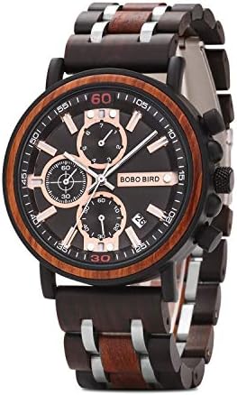 BOBO BIRD S18-1 Mens Wood Watch Stylish Wooden Stainless Steel Combined Chronograph with Luminous Pointers Fashion Timepiece for Men