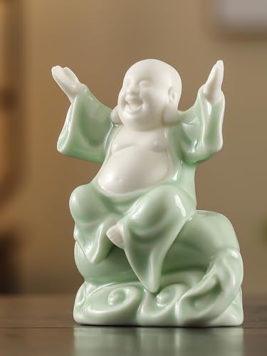 Estatua Pequeña de Buda Risueño Verde de Cerámica 4.5 pulg. miniatura 2