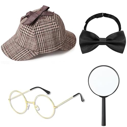 EujRcf 4 Pieces Detective Costume Set Detective Hat Glasses Bow Tie Magnifying Victorian Costume Boys for World Book Day Outfits Halloween Party Accessories Dress up Party