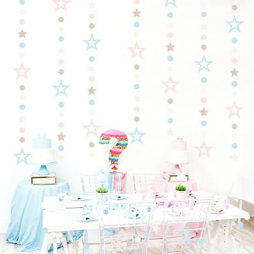 Image of Blue Pink Gender Reveal Star Party Decoration Garland Lasting Surprise | 52ft Champagne Gold Twinkle Little Star Streamers,Boy or Girl He or She Baby Gender Reveal Theme Supplies Decor
