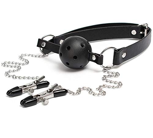 Bavaglio per Adulti con Pallina per Bocca (Ball Gag) e Catena con Morsetti Seno, Pinze Strizza Capezzoli, Morso per Bocca Sadomaso