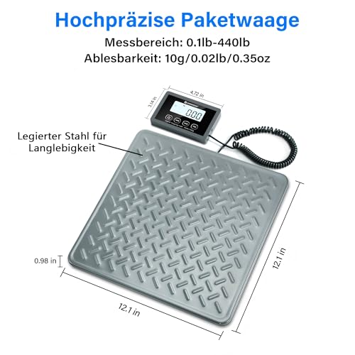 UNIWEIGH Paketwaage 200kg 440lbs,Digitale Postwaage,Starke Stahlplattform,Versandwaage mit LCD/Hold/Tara/Auto-Off Funktion,Waage für Gepäck/Lager,Batterie&USB Betrieben,Grau