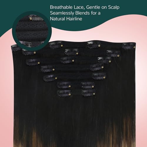 Image of Easyouth Clip in Hair Extensions Human Hair Ombre Black Remy Hair Extensions Clip ins Black Fading to Brown with Caramel Blonde Clips in Extension with Natural Look 16 Inch 7Pcs 120G