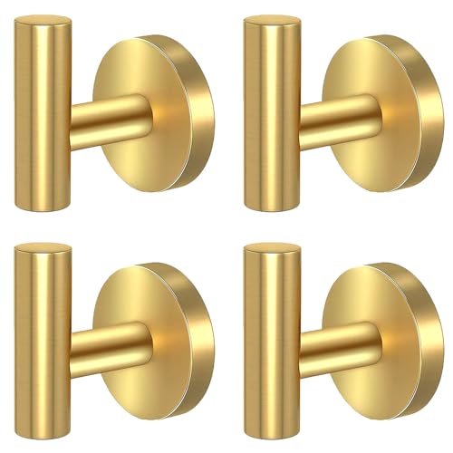 Kruodop Towel Hooks for Bathroom,4 Packs Wall Mount Towel Holder,Black Matte Wall Robe Hook,Stainless Steel Heavy Duty Door Hanger Towel Hook for Kitchen, Bedroom,Hotel,Pool,Coats - Gold