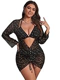 MakeMeChic Women's Plus Size 3 Piece Rhinestone Halter Triangle High Waisted Bikini Swimsuit with Cover Up Set Black 1XL