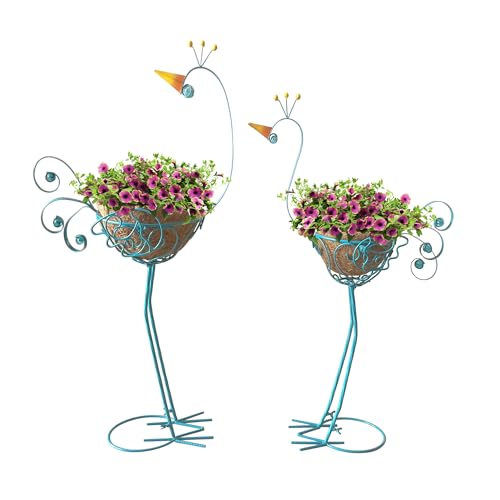 J-Fly Peacock Metal Plant Stand 2 Sets Flower Pots Holders, Planters for Outdoor Indoor Plants with Coconut Pots, Front Porch Garden Balcony Patio Decor for Plant, Valentine Decoration Gifts