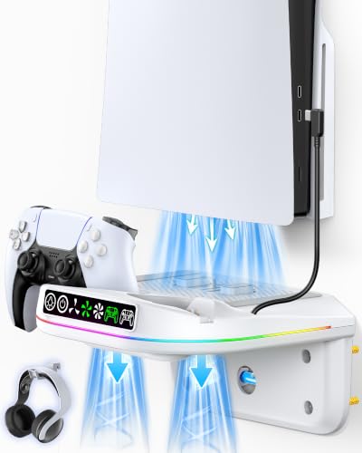 Image of P S5 Wall Mount Kit with Cooling Fan and Charging Station Compatible with PS5 / Slim / Pro Disc and Digital, PS Five Floating Shelf with 9 RGB Lights, PS 5 Mount Behind TV, P5 Accessories for Gaming, White
