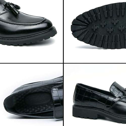 Men's Fashion Tassel Low Heel Leather Loafers Comfort Round Toe Lug Sole Slip-On Casual Shoes Business Office Non-Slip Dress Shoes3