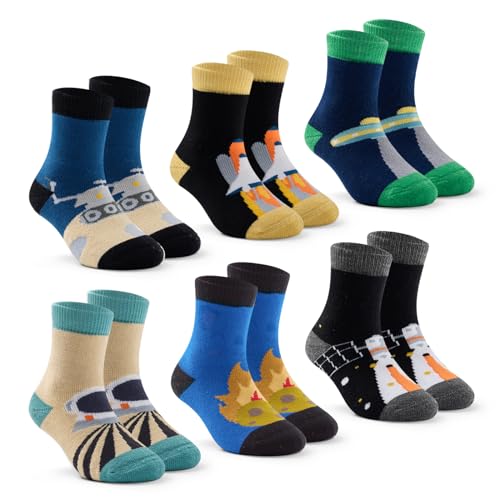 Lollisy Big Boys Winter Socks - Kids Warm Crew Thermal Terry Socks 6 Pack Space Series 6-8 Years