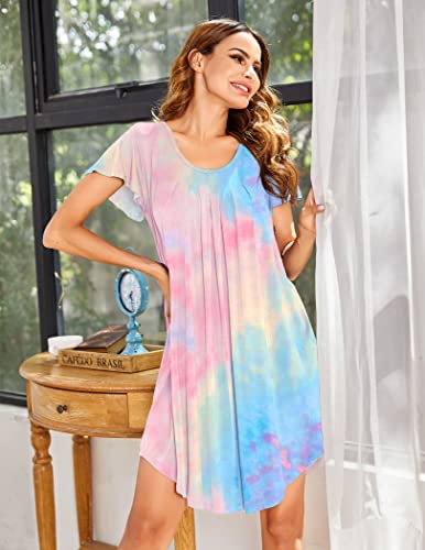 Ekouaer Womens Nightgown Soft Sleepwear Pleated Sleepshirt Sleep Dress Short Sleeve Nightdress S-3XL3