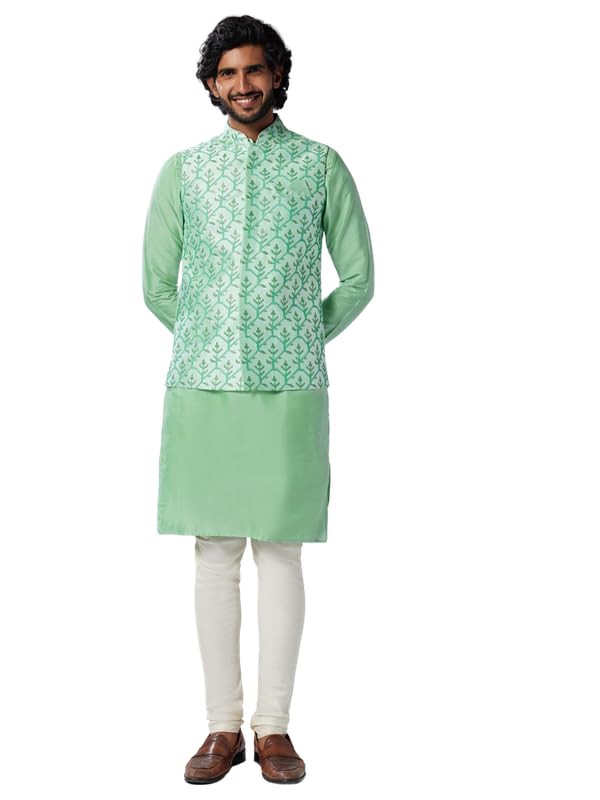 Image of KISAH Men's Kurta Jacket Churidar Set, Sea Green Art Silk, Embroidered Long Sleeves Regular Fit Mandarin Collar