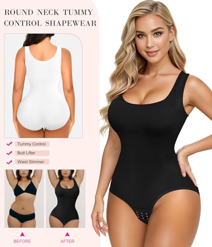 Nebility Womens' Waist Trainer Seamless Round Neck Tummy Control Shapewear Bodysuit (Black/White 2pk,XL/2XL)