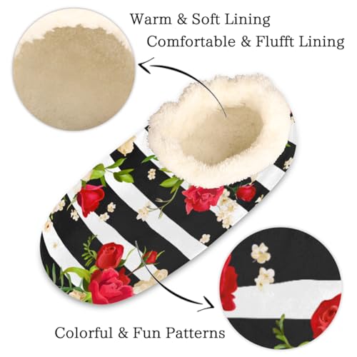 Rose Lily Flower Slippers for Women Slipper Socks Soft Fuzzy House Slippers Shoes for Indoor Bedroom, Winter Cozy Christmas Gifts, Black Stripe2