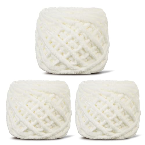 Image of 3 Pack Plush Chenille Chunky Yarn for Crocheting 100g(54.6yd) - Bulky Thick Fluffy Yarn for Knitting- Soft Velvet for Baby, Blanket Knitting Blanket Yarns- Amigurumi Yarns (3-Milky White)