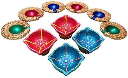 Frienemy Presents Earthen Clay Diya for Diwali Puja, Traditional Handmade Designer Large Diyas/Oil Lamps for Festival & Home Decoration, Multicolour (Set of 10) #Frienemy-775