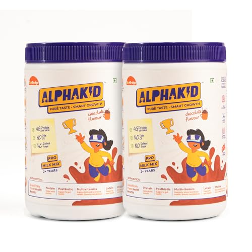 Image of Alphakid smart milk mix (2 + Years) | Chocolate flavour milk mix Protein Powder | No palm oil | No refined sugar | supports gut health | Sweetened with jaggery | boosts immunity | with Barley, Millet, Wheat, Jaggery & Ghee | Vitamins & Minerals |400gm jar | Pack of 2