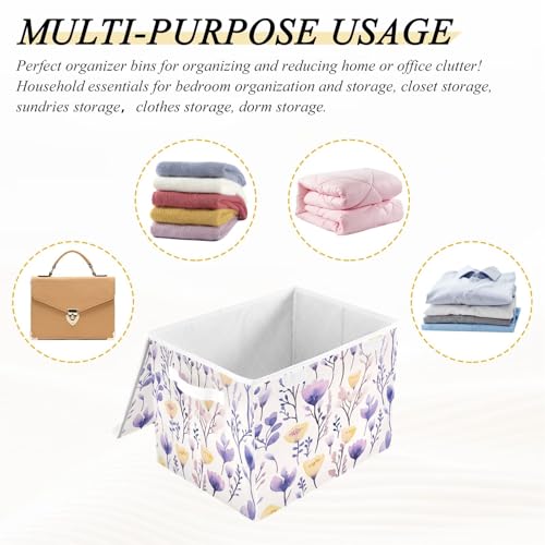Image of senya Large Storage Bins with Linen Yellow Purple Flower Collapsible Foldable Storage Cubes Fabric Closet Organizer Containers Box with Flip-Top Lid for Home Bedroom Office 16.7 x 12.6 x 11.8in