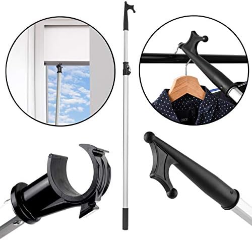 Telescopic Window Opener Rod Pole for VELUX, Skylight and Blinds | Wardrobe and Closet Pole Hook | Roof Loft Hatch and Ladder Pole | Up to 2m (7ft) long, Two Hooks Included.