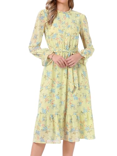 Image of Allegra K Fall Casual Floral Dress for Women 2025 Long Sleeve Crew Neck Chiffon Midi Tea Party Ruffle Dresses